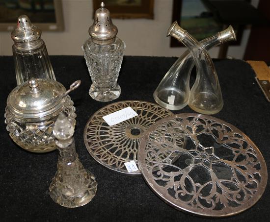 2 silver mounted glass coasters, 5 other items